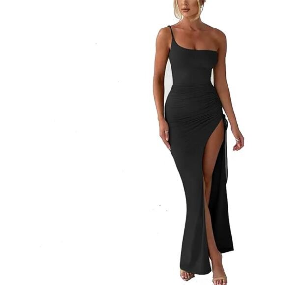 Women Formal Wedding Guest Dresses One Shoulder Spaghetti Strap High Slit Maxi - Picture 2 of 2